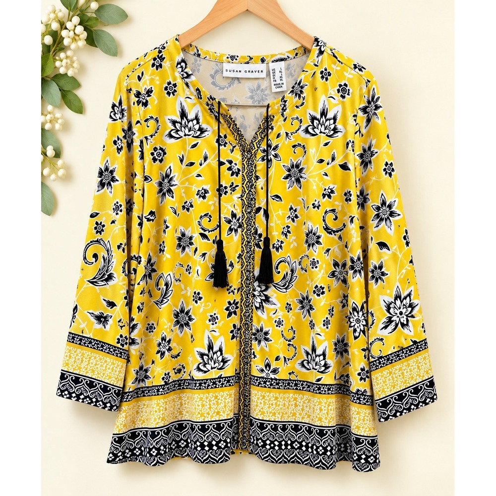 Susan Graver Liquid Knit Floral Tassel Tunic Blouse Yellow Black Large L